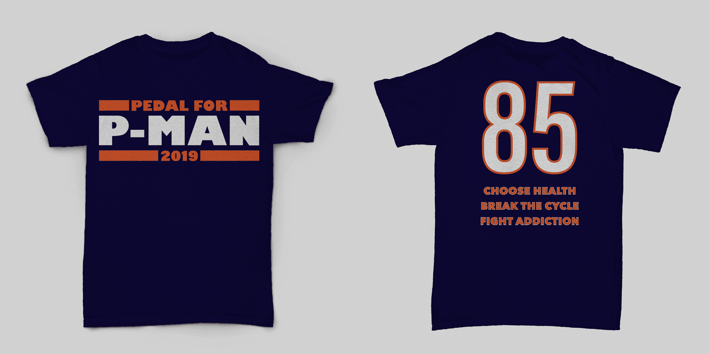 The 2019 Pedal for P-Man shirt, front and back, with number 85